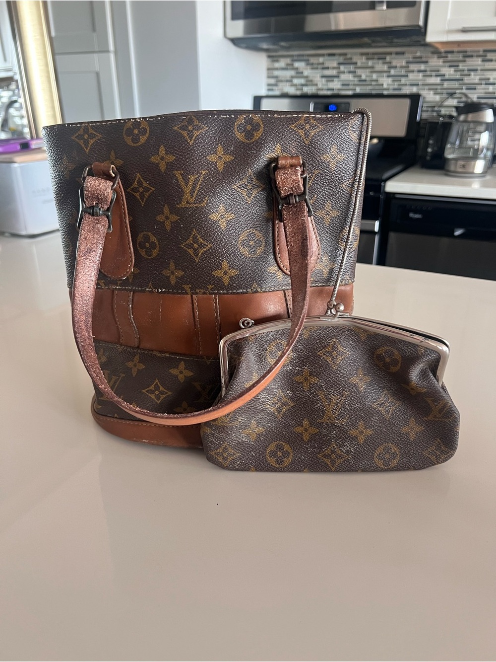 Louis Vuitton Monogram Bucket Tote and Matching Clutch - Brown and Tan vintage
